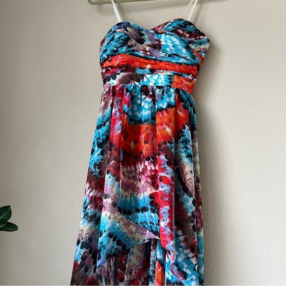 Aidan Mattox Hi Low Feather Print Strapless Chiffon Maxi Dress, size 4 - Picture 6 of 15